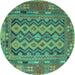 Round Machine Washable Southwestern Turquoise Country Area Rugs, wshcon2193turq