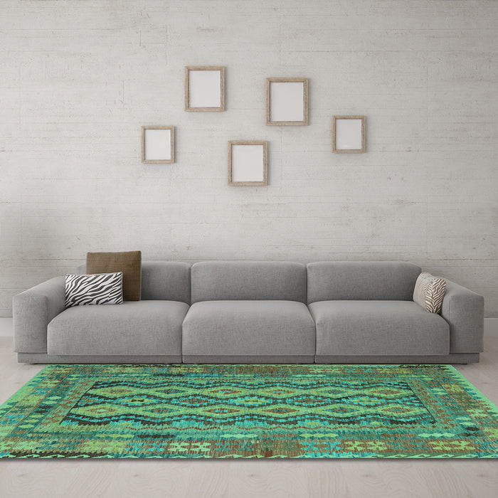Machine Washable Southwestern Turquoise Country Area Rugs in a Living Room,, wshcon2193turq