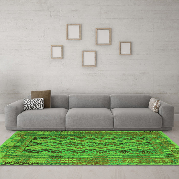 Machine Washable Southwestern Green Country Area Rugs in a Living Room,, wshcon2193grn