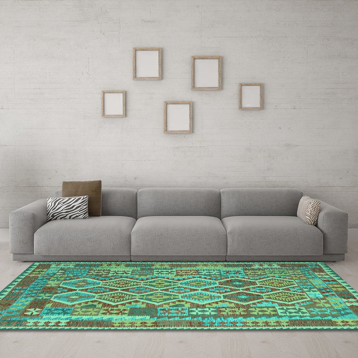 Machine Washable Southwestern Turquoise Country Area Rugs in a Living Room,, wshcon2194turq