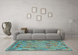 Machine Washable Southwestern Light Blue Country Rug in a Living Room, wshcon2194lblu