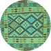 Round Machine Washable Abstract Turquoise Contemporary Area Rugs, wshcon2195turq