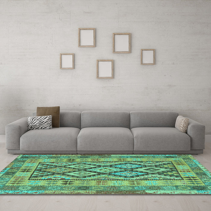 Machine Washable Abstract Turquoise Contemporary Area Rugs in a Living Room,, wshcon2195turq