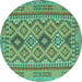 Round Machine Washable Oriental Turquoise Traditional Area Rugs, wshcon2196turq