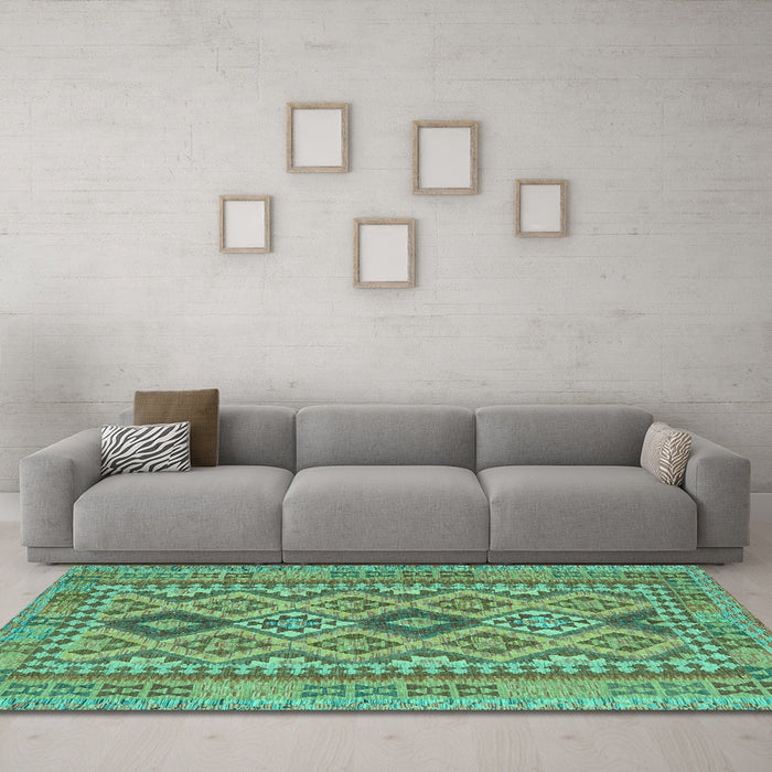 Machine Washable Oriental Turquoise Traditional Area Rugs in a Living Room,, wshcon2196turq