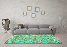 Machine Washable Southwestern Turquoise Country Area Rugs in a Living Room,, wshcon2198turq