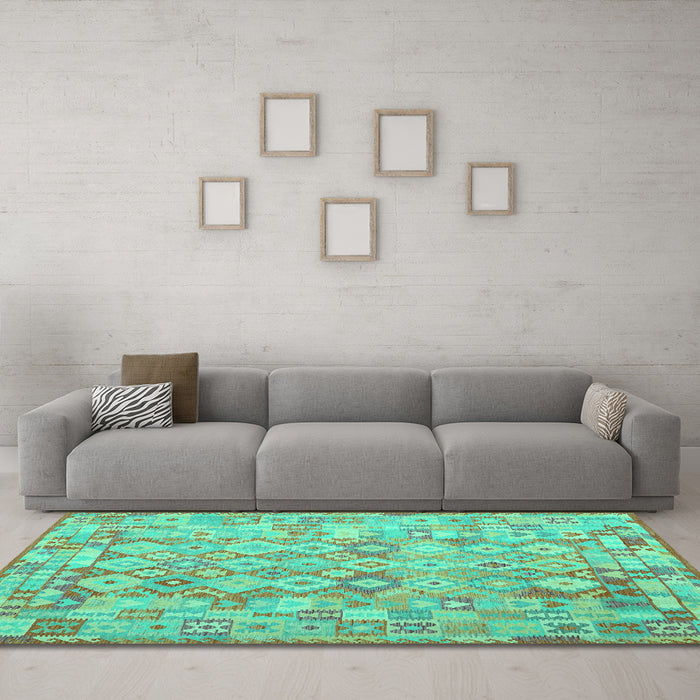 Machine Washable Southwestern Turquoise Country Area Rugs in a Living Room,, wshcon2198turq