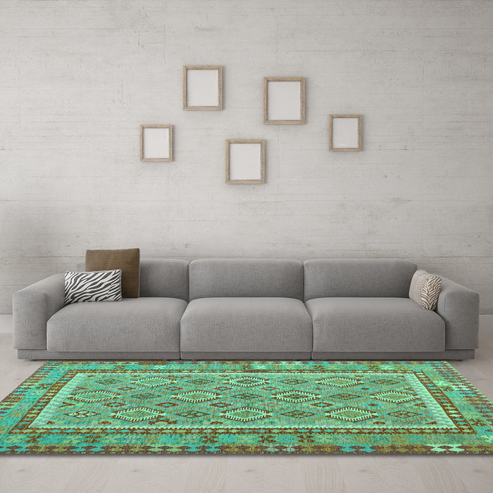Machine Washable Southwestern Turquoise Country Area Rugs in a Living Room,, wshcon2199turq