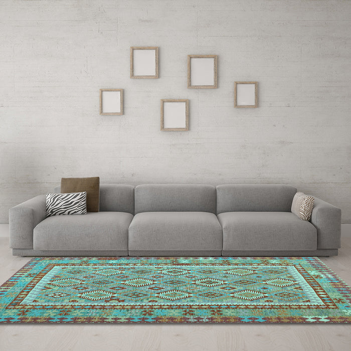 Machine Washable Southwestern Light Blue Country Rug in a Living Room, wshcon2199lblu