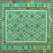 Square Machine Washable Southwestern Turquoise Country Area Rugs, wshcon2199turq