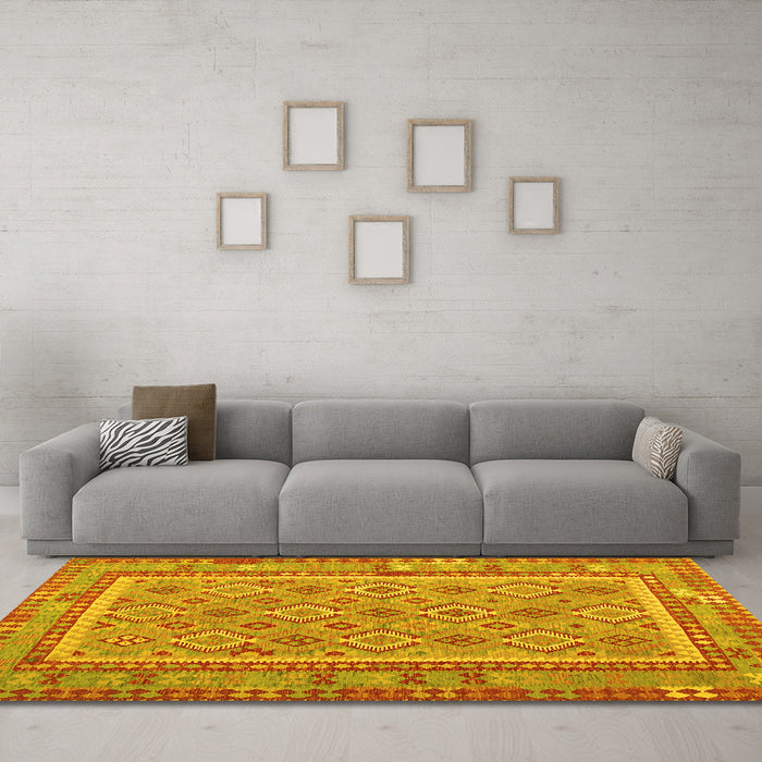 Machine Washable Southwestern Yellow Country Rug in a Living Room, wshcon2199yw