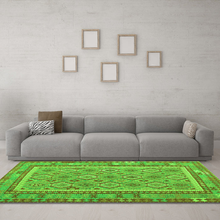 Machine Washable Southwestern Green Country Area Rugs in a Living Room,, wshcon2199grn