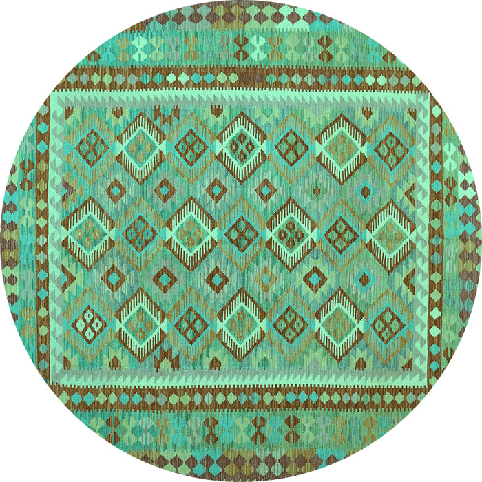 Round Machine Washable Southwestern Turquoise Country Area Rugs, wshcon2199turq