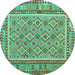 Round Machine Washable Southwestern Turquoise Country Area Rugs, wshcon2199turq