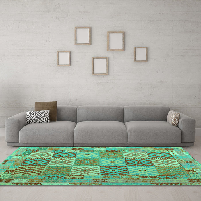 Machine Washable Southwestern Turquoise Country Area Rugs in a Living Room,, wshcon2200turq