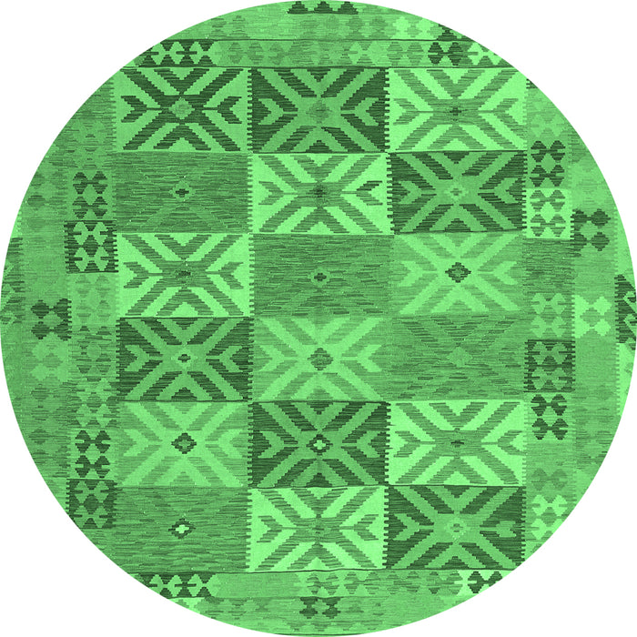 Round Machine Washable Southwestern Emerald Green Country Area Rugs, wshcon2200emgrn
