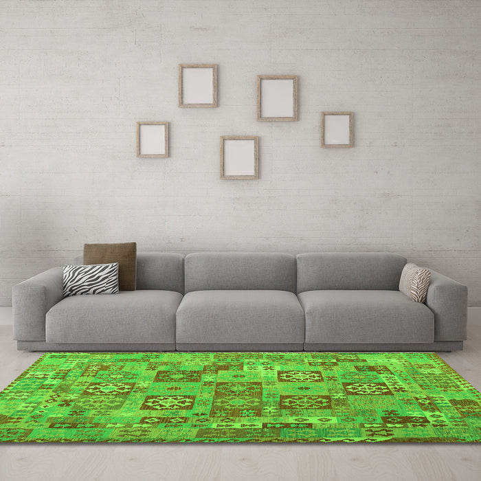Machine Washable Southwestern Green Country Area Rugs in a Living Room,, wshcon2201grn