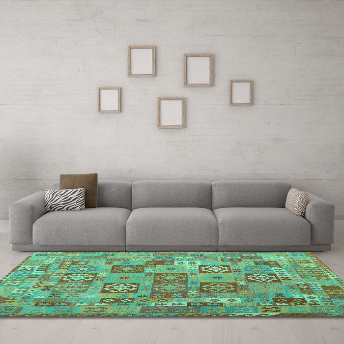 Machine Washable Southwestern Turquoise Country Area Rugs in a Living Room,, wshcon2201turq