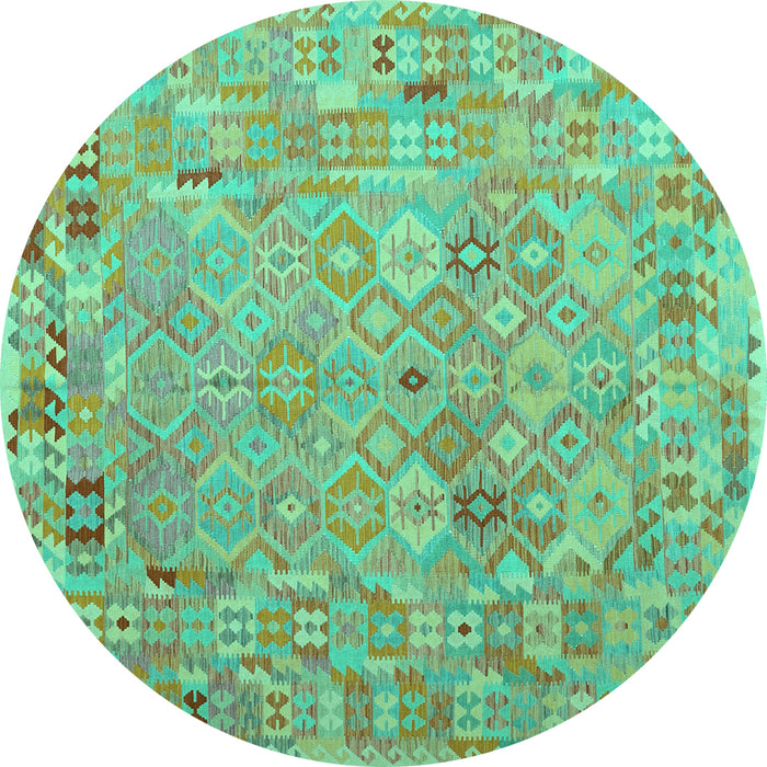 Round Machine Washable Abstract Turquoise Contemporary Area Rugs, wshcon2202turq