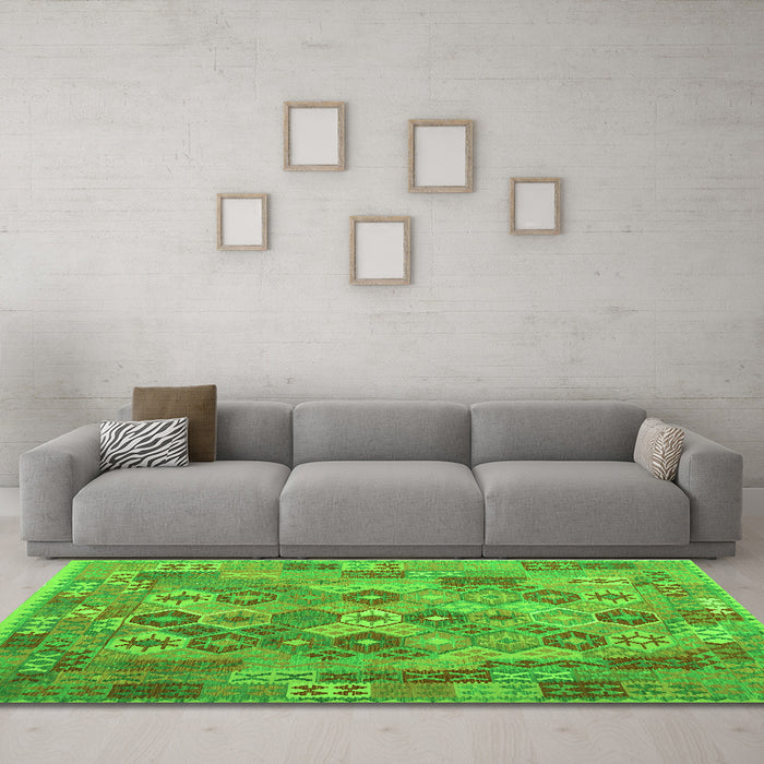 Machine Washable Southwestern Green Country Area Rugs in a Living Room,, wshcon2203grn