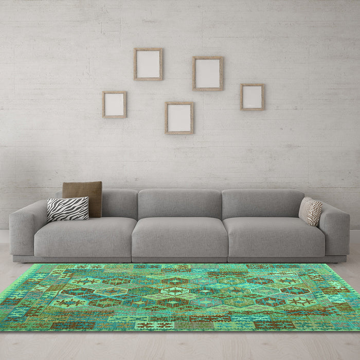 Machine Washable Southwestern Turquoise Country Area Rugs in a Living Room,, wshcon2203turq