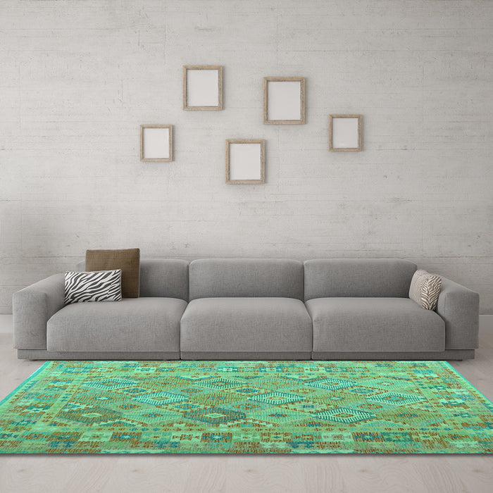 Machine Washable Abstract Turquoise Contemporary Area Rugs in a Living Room,, wshcon2204turq