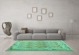 Machine Washable Oriental Turquoise Traditional Area Rugs in a Living Room,, wshcon2205turq