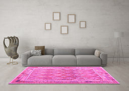 Machine Washable Oriental Pink Traditional Rug in a Living Room, wshcon2205pnk