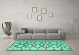 Machine Washable Southwestern Turquoise Country Area Rugs in a Living Room,, wshcon2206turq