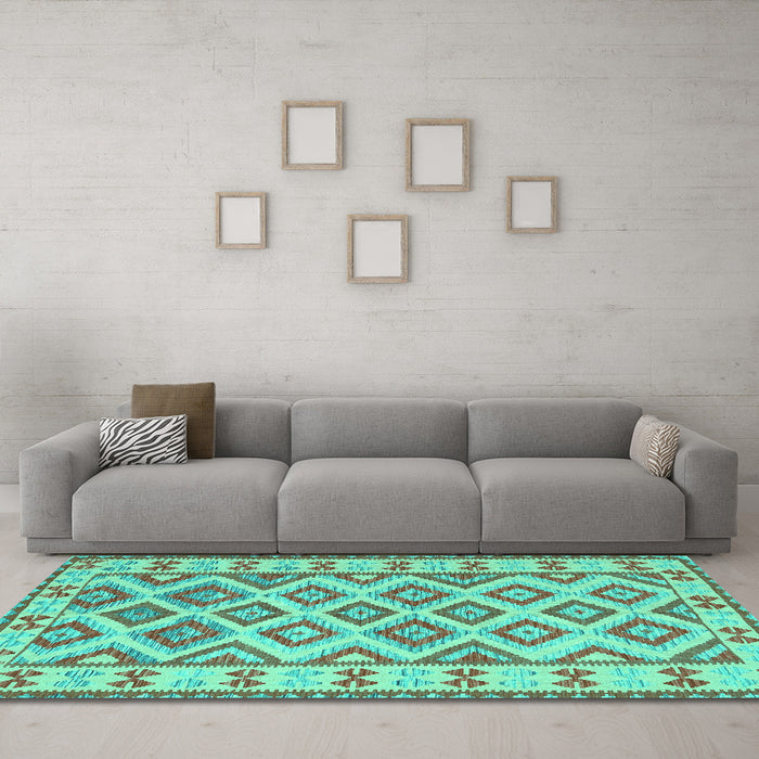 Machine Washable Southwestern Turquoise Country Area Rugs in a Living Room,, wshcon2206turq