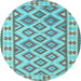 Round Machine Washable Southwestern Light Blue Country Rug, wshcon2206lblu