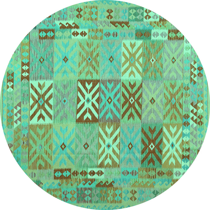 Round Machine Washable Abstract Turquoise Contemporary Area Rugs, wshcon2207turq
