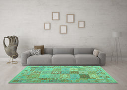 Machine Washable Abstract Turquoise Contemporary Area Rugs in a Living Room,, wshcon2207turq