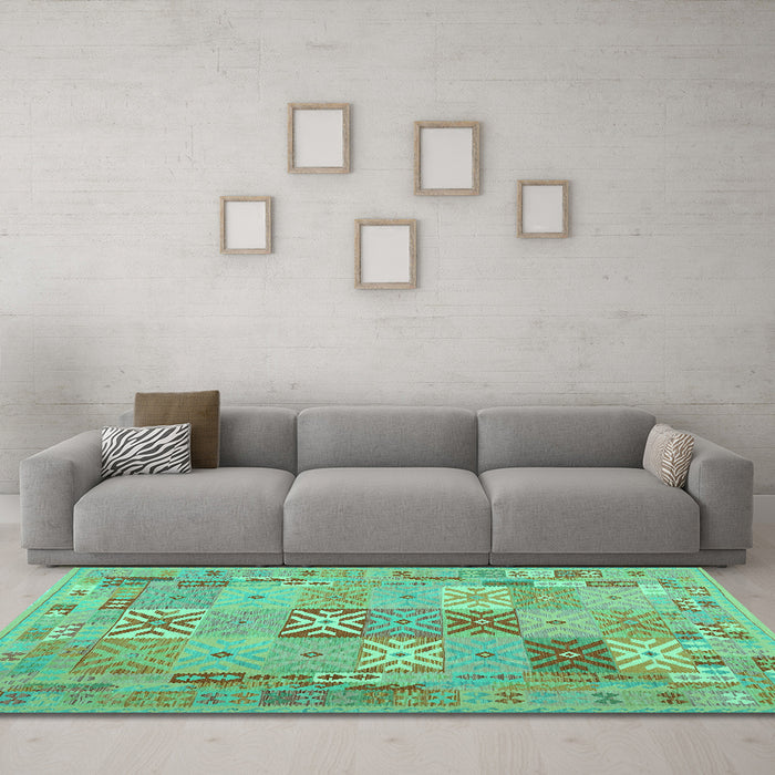Machine Washable Abstract Turquoise Contemporary Area Rugs in a Living Room,, wshcon2207turq