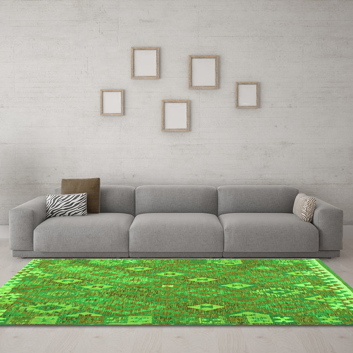 Machine Washable Southwestern Green Country Area Rugs in a Living Room,, wshcon2209grn