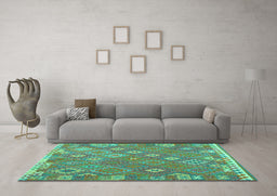 Machine Washable Southwestern Turquoise Country Area Rugs in a Living Room,, wshcon2209turq