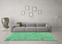 Machine Washable Southwestern Turquoise Country Area Rugs in a Living Room,, wshcon2211turq