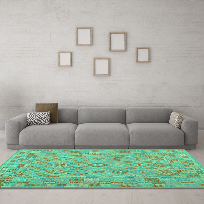 Machine Washable Southwestern Turquoise Country Area Rugs in a Living Room,, wshcon2211turq