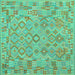 Square Machine Washable Southwestern Turquoise Country Area Rugs, wshcon2211turq