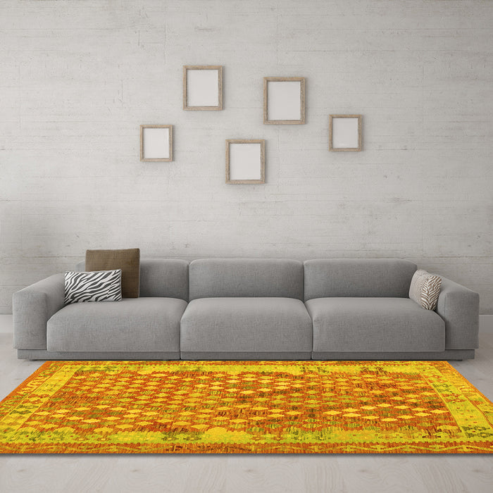 Machine Washable Oriental Yellow Traditional Rug in a Living Room, wshcon2212yw
