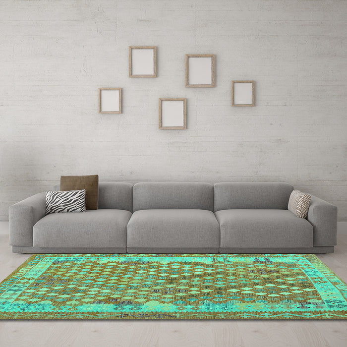 Machine Washable Oriental Turquoise Traditional Area Rugs in a Living Room,, wshcon2212turq