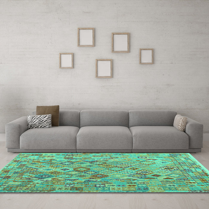 Machine Washable Southwestern Turquoise Country Area Rugs in a Living Room,, wshcon2213turq