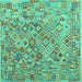 Square Machine Washable Southwestern Turquoise Country Area Rugs, wshcon2213turq