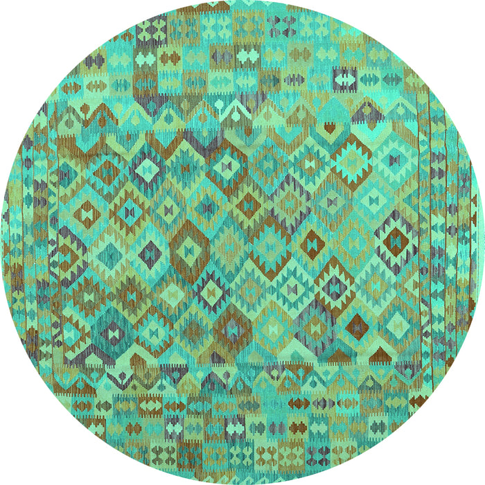 Round Machine Washable Southwestern Turquoise Country Area Rugs, wshcon2213turq