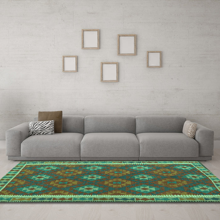 Machine Washable Oriental Turquoise Traditional Area Rugs in a Living Room,, wshcon2214turq