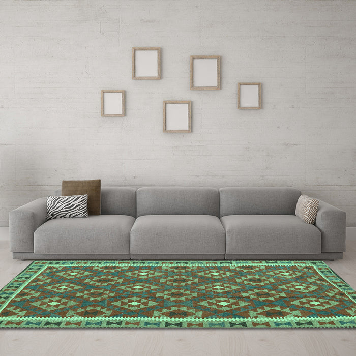 Machine Washable Oriental Turquoise Traditional Area Rugs in a Living Room,, wshcon2215turq