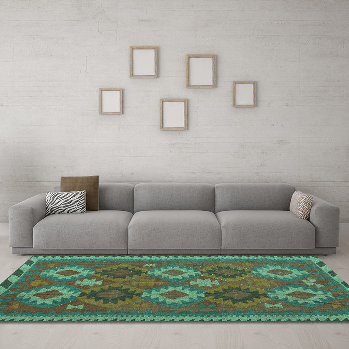 Machine Washable Oriental Turquoise Traditional Area Rugs in a Living Room,, wshcon2216turq