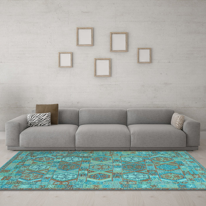 Machine Washable Southwestern Light Blue Country Rug in a Living Room, wshcon2217lblu