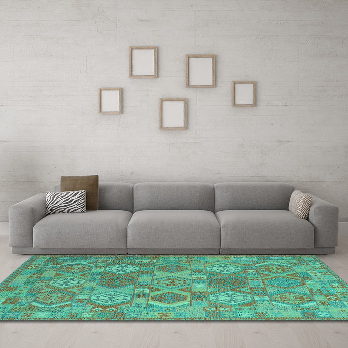 Machine Washable Southwestern Turquoise Country Area Rugs in a Living Room,, wshcon2217turq