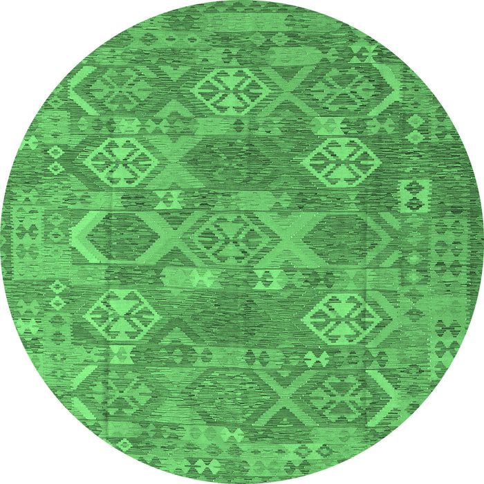 Round Machine Washable Southwestern Emerald Green Country Area Rugs, wshcon2217emgrn
